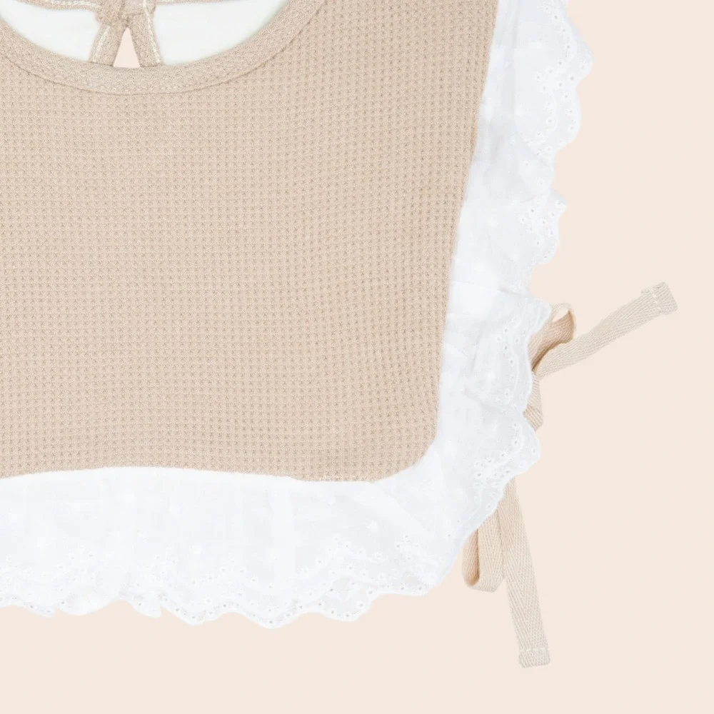 Tan Waffle Knit Eyelet Lace Ruffle Bib Top with Side Ties and Back Button